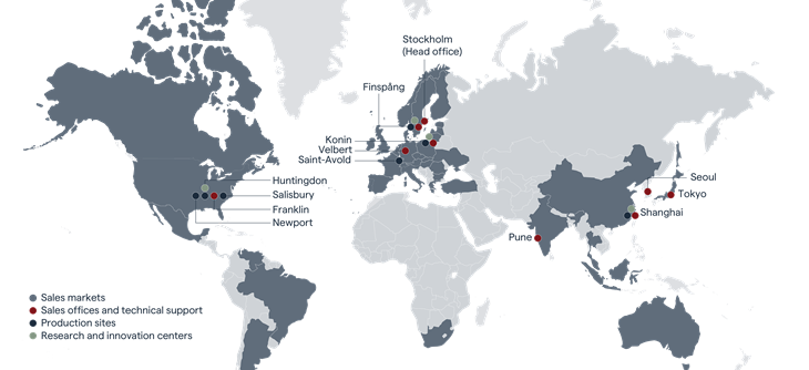 World map with pinpoints highlighting where Gränges operates.
